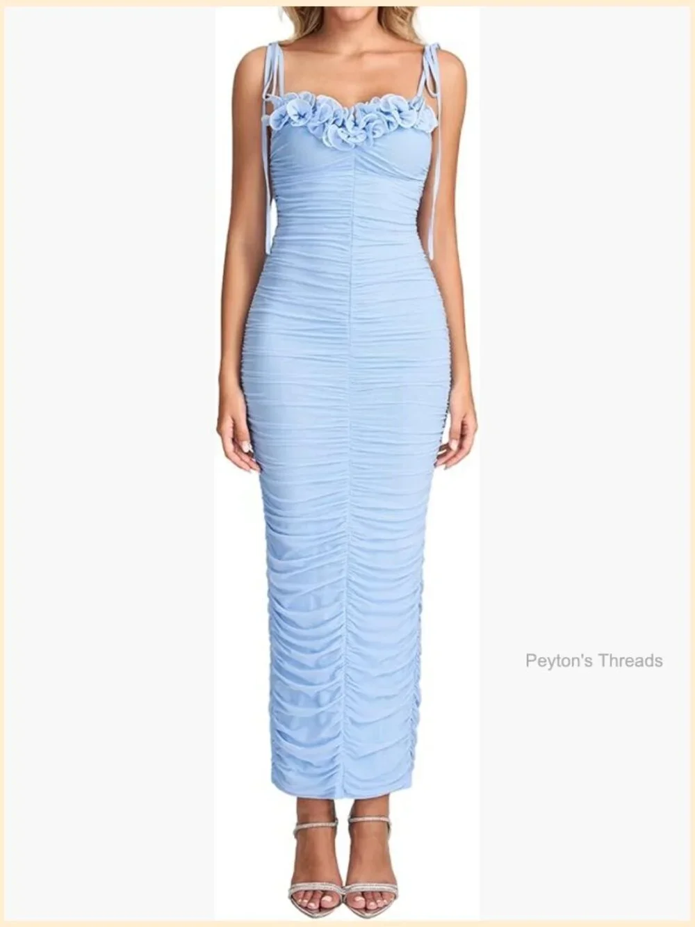 Tie Shoulder Formal Bodycon Maxi Dress Sleeveless Ruffle Ruched